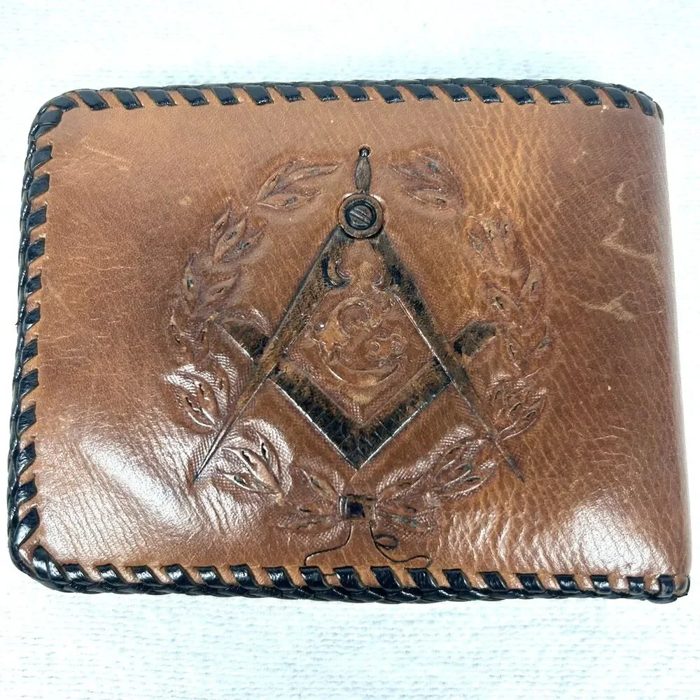 Vintage Hand-Tooled Leather Masonic Past Master Wallet - Blue Lodge